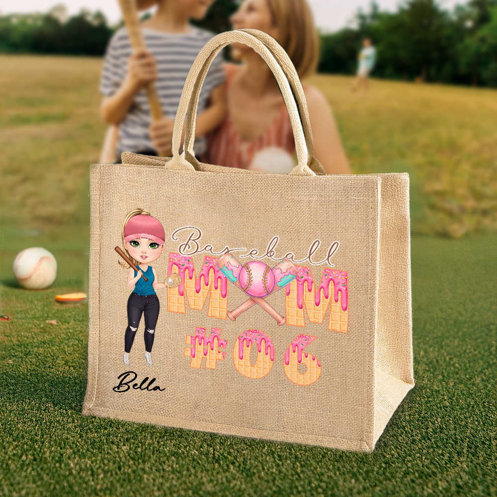 Sac en toile de jute avec nom et numéro Cadeau d'anniversaire de la fête des mères pour la maman du joueur de baseball.