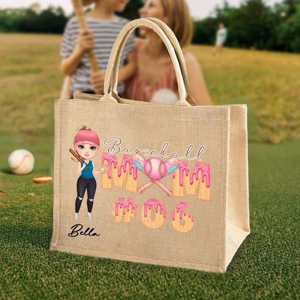 Personalized Baseball Mom Ice Cream Dripping Large Jute Tote Bag with Name and Number Mother's Day Birthday Gift for Baseball Mom Player Lover