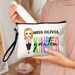 Personalized Different Grades Cartoon Character Cosmetic Bag with Name and Wristlet Strap Birthday Teacher's Day Appreciation Gift for Teachers