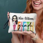 Personalized Different Grades Cartoon Character Cosmetic Bag with Name and Wristlet Strap Birthday Teacher's Day Appreciation Gift for Teachers