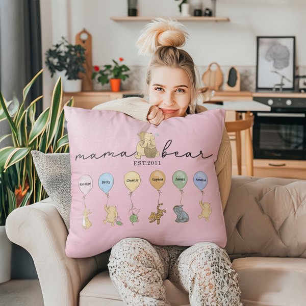 Personalized Classic Winnie the Pooh Honey Balloon Multicolor Pillow Cover with 1-12 Names Mother's Day Birthday Gift for Mom Grandma