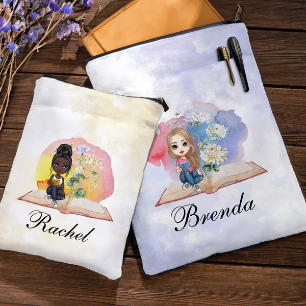 Pochette Livre Personnalisé avec Nom et Personnage Accessoire avec Fermeture Éclair Cadeau d'Anniversaire pour Amoureux de Lecture