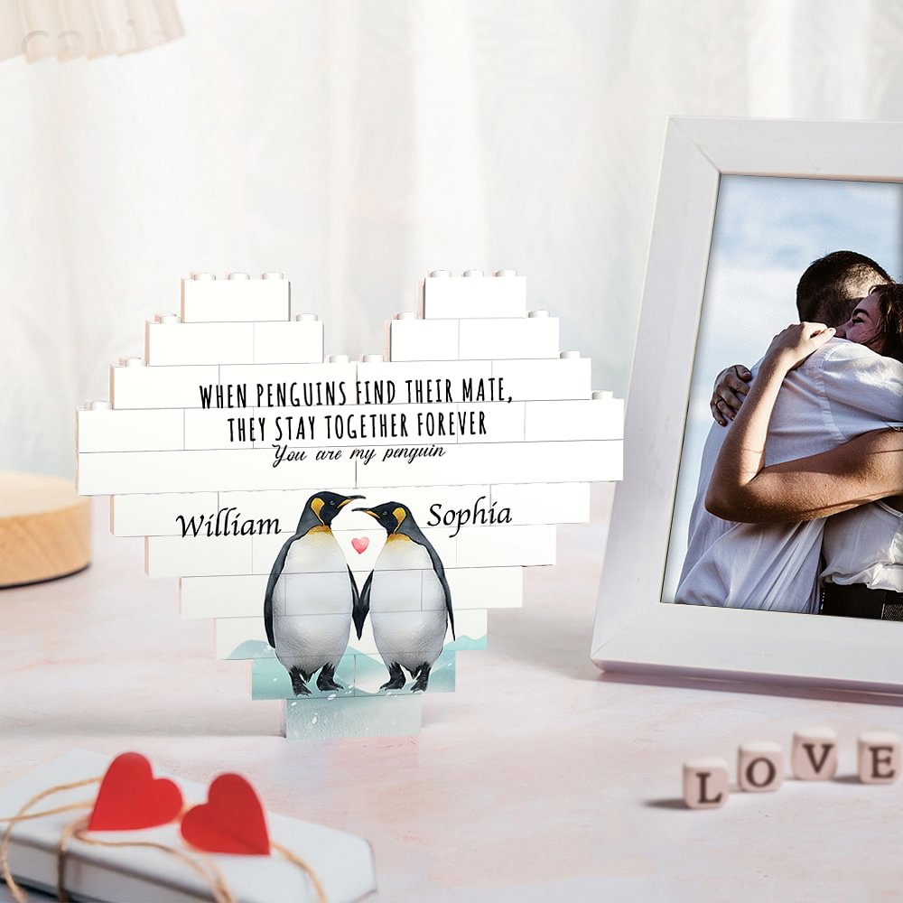 Casse-tête de briques de construction en forme de coeur personnalisé You're My Penguin Cadeau d'anniversaire de Saint-Valentin pour couple