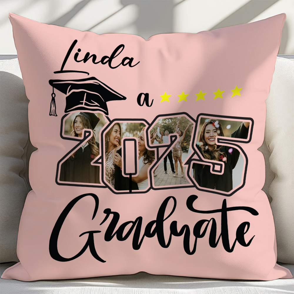 Cadeau de fin d'études personnalisé Classe 2025 4 photos Couvre oreiller doux avec nom Décoration de la maison Cadeau de fin d'études pour les diplômés