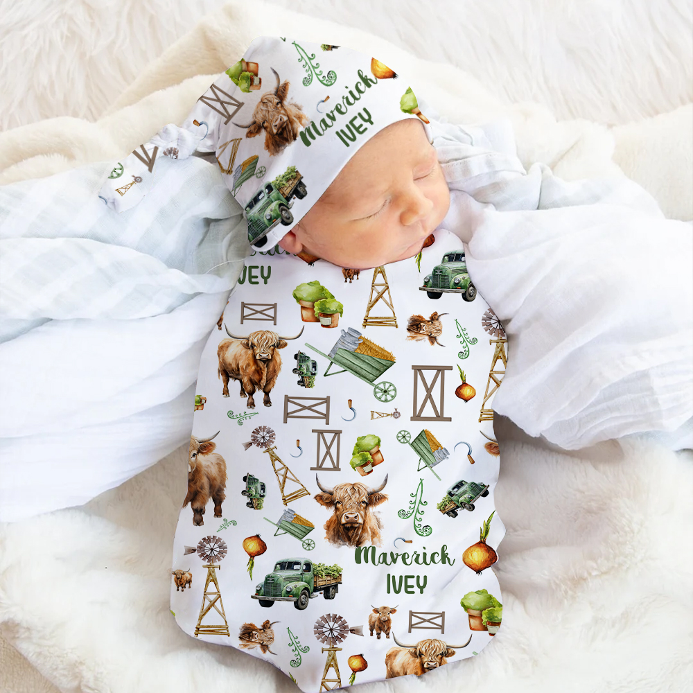 Cadeau de naissance personnalisé pour nouveau-né, bonnet de bonnet doux, chapeau de vache des Highlands, couverture en Minky avec nom