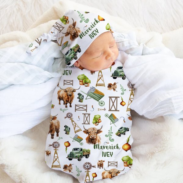 Personalised Cute Highland Cow Soft Beanie Hat Swaddle Blanket Set Minky Blanket with Name Baby Shower Gift for Newborn