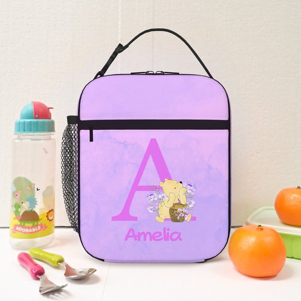 Personalized Multicolor Cute Classic Winnie the Pooh Initial Lunch Bag Lunch Bag with Name and Mesh Pocket Back to School Birthday Gift for Kids