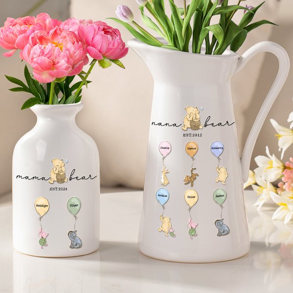 Personalized Mama Bear Classic Winnie the Pooh Ceramic Flower Vase with 1-12 Names Home Decor Birthday Mother's Day Gift for Mom Grandma