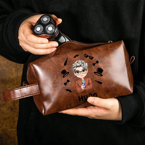 Trousse de Toilette en Cuir PU Personnalisée avec Design Élégant Dessin Animé et Nom Cadeau Anniversaire Fête des Pères pour Homme Papa