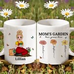 Personalized Mom's Garden Birth Flower Cartoon Character 11 oz Ceramic Mug with 1-12 Kid's Names Mother's Day Appreciation Gift for Grandma Mom