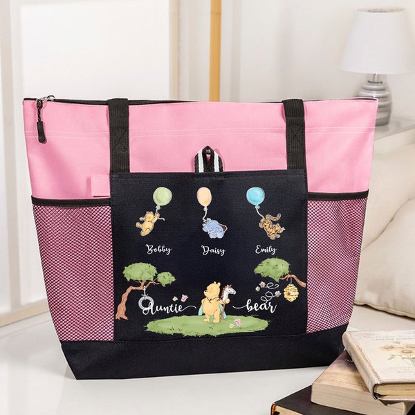 Personalized Mama Bear Classic Winnie the Pooh Oxford Tote Bag with 1-5 Names and Mesh Pockets Birthday Mother's Day Gift for Mom Grandma