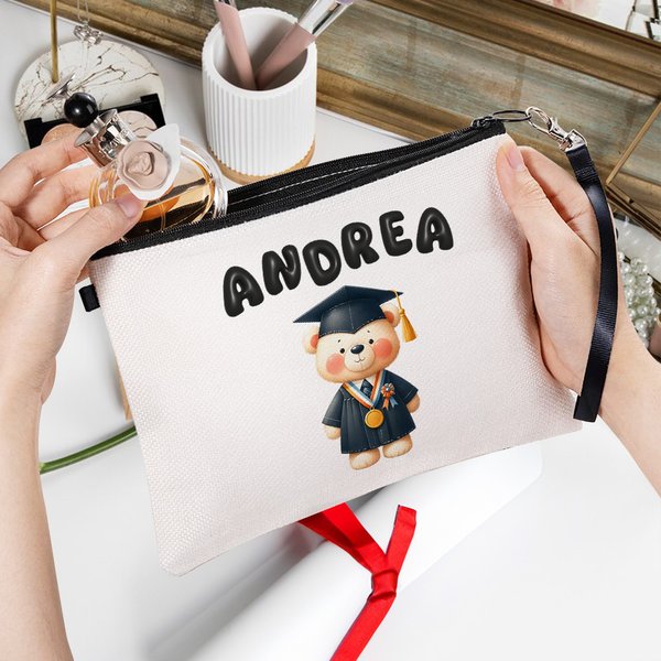 Personalized Cute Graduation Bear Cosmetic Bag with Bubble Name and Wristlet Strap Graduation Keepsake Birthday Gift for Graduates