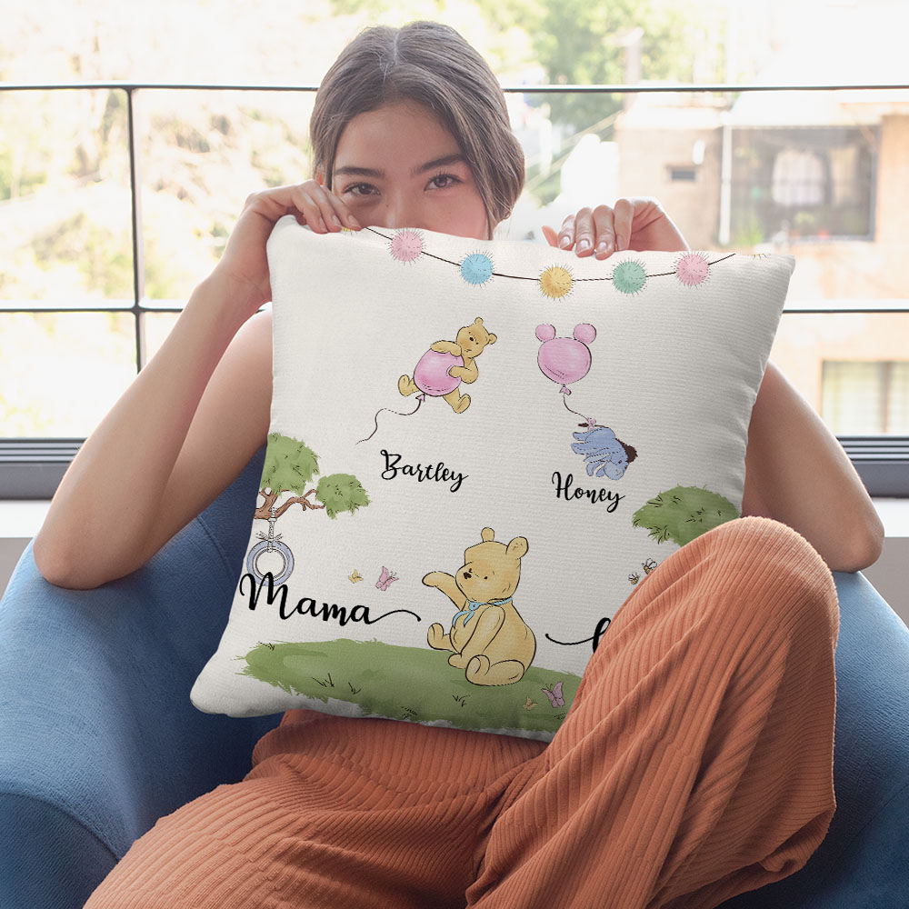 Discover Personalized Cute Classic Winnie the Pooh Honey Balloon Throw Pillow Cover with 1-5 Names Mother's Day Birthday Gift for Family
