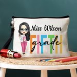 Personalized Different Grades Cartoon Character Cosmetic Bag with Name and Wristlet Strap Birthday Teacher's Day Appreciation Gift for Teachers