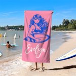 Toalla de playa de secado rápido personalizada con el nombre de un personaje de surf multicolor con diseño oceánico Fiesta en la piscina Regalo de cumpleaños para un aficionado al surf