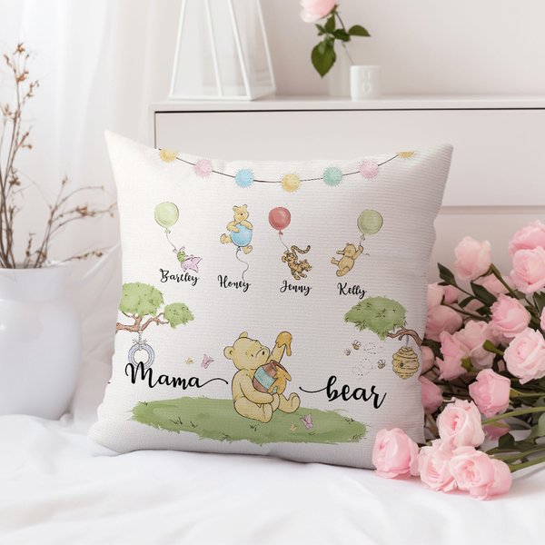 Personalized Cute Classic Winnie the Pooh Honey Balloon Throw Pillow Cover with 1-5 Names Mother's Day Birthday Gift for Family