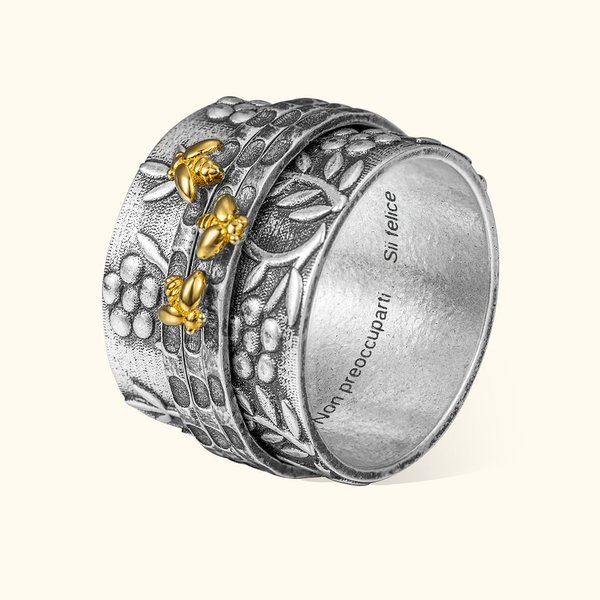 Anello girevole personalizzato con ape e fiori floreali a banda larga per meditazione ansia e stress regalo ideale per donne