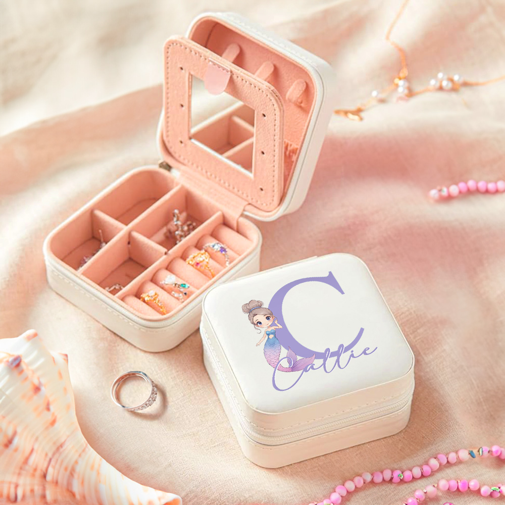 Boîte à bijoux personnalisée en cuir PU avec miroir pour le nom Cadeau de voyage pour les filles et les copines