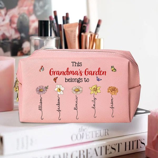 Personalized Birth Flower Garden  Leather Makeup Pouch Bag with Birth Flower and Name Portable Travel Essentials Birthday Mother's Day Gift for Her