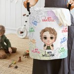 Personalized I Am Strong Motivation Cartoon Boy Girl Laundry Storage Basket with Name Birthday Housewarming Gift for Boys Girls