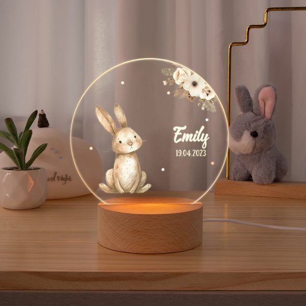 Personalisierte Floral Cartoon Bär Kaninchen Tier LED-Nachtlicht mit Namen und hölzerne Basis Kinderzimmer Home Decor Baby Dusche Geburtstag Geschenk für Baby Kind
