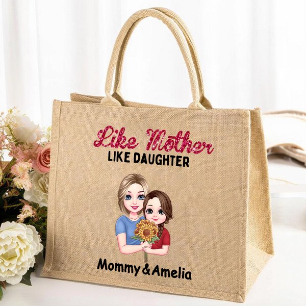 Personalised Like Mother Like Daughter Cartoon Character Large Jute Tote Bag with Name Mother's Day Birthday Gift for Mom Grandma