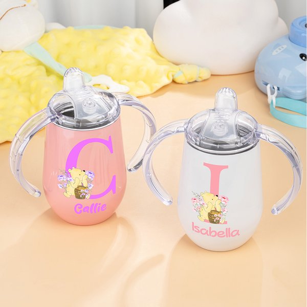 Personalized Floral Classic Winnie the Pooh Initial 10 oz Insulated Baby Sippy Cup with Lid Handle Birthday Back to School Gift for Kid Toddler