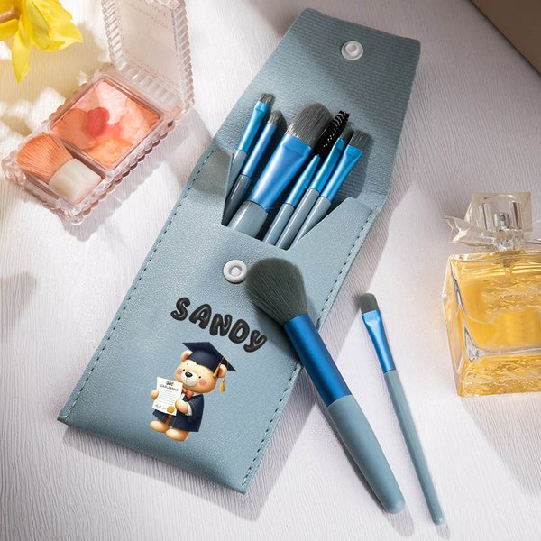 Personalized Cute Graduation Bear 3D Bubble Name Makeup Brush Bag Set with 8 Pcs Makeup Brushes Gift for Graduates Beauty Lovers