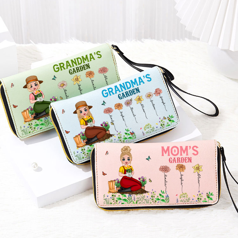 Portefeuille personnalisé en cuir PU avec 1-12 noms et dragonne Cadeau d'appréciation de la fête des mères pour grand-mère maman