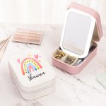 Personalisierte Aquarell Regenbogen PU-Leder-Schmuck-Box mit Namen und LED dreifarbig einstellbar Make-up-Spiegel Geburtstag Geschenk für Frauen