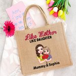 Personalised Like Mother Like Daughter Cartoon Character Large Jute Tote Bag with Name Mother's Day Birthday Gift for Mom Grandma