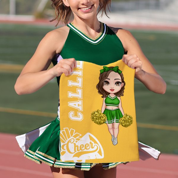 Personalised Cartoon Cheerleading Girl Soft Quick Dry Waffle Towel with Name and Hanging Clip Sports Accessories Birthday Gift for Cheerleader Women