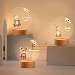 Veilleuse LED Personnalisée avec Motif d'Animaux et Nom Base en Bois Cadeau Naissance Anniversaire pour Bébé Nouveau-né