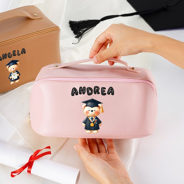 Personalised Cute Graduation Bear PU Leather Wide Opening Makeup Bag with 3D Bubble Name Travel Accessory Birthday Graduation Gift for Friends Family