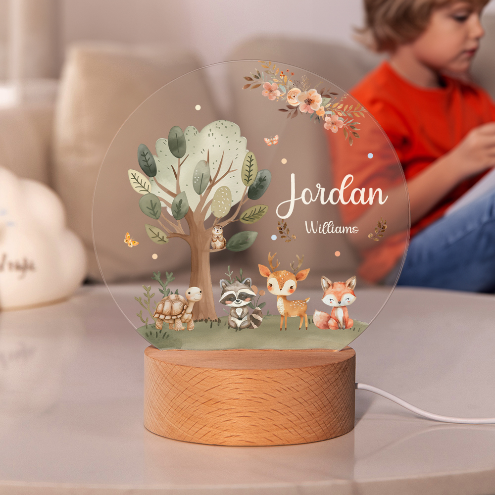 Personalized Cute Fox Deer Turtle Forest Animal LED Night Light with Name and Wooden Base Nursery Decor Birthday Baby Shower Gift for Kids
