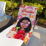 Toalla de playa personalizada de flores y personajes de dibujos animados de gran tamaño y secado rápido con nombre Regalo de cumpleaños esencial para viajes de verano para la familia, los niños y los 