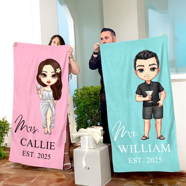 Personalized Multicolor Mr. Mrs. Cartoon Character Quick Dry Oversized Beach Towel with Name Honeymoon Wedding Party Gift for Bride Groom