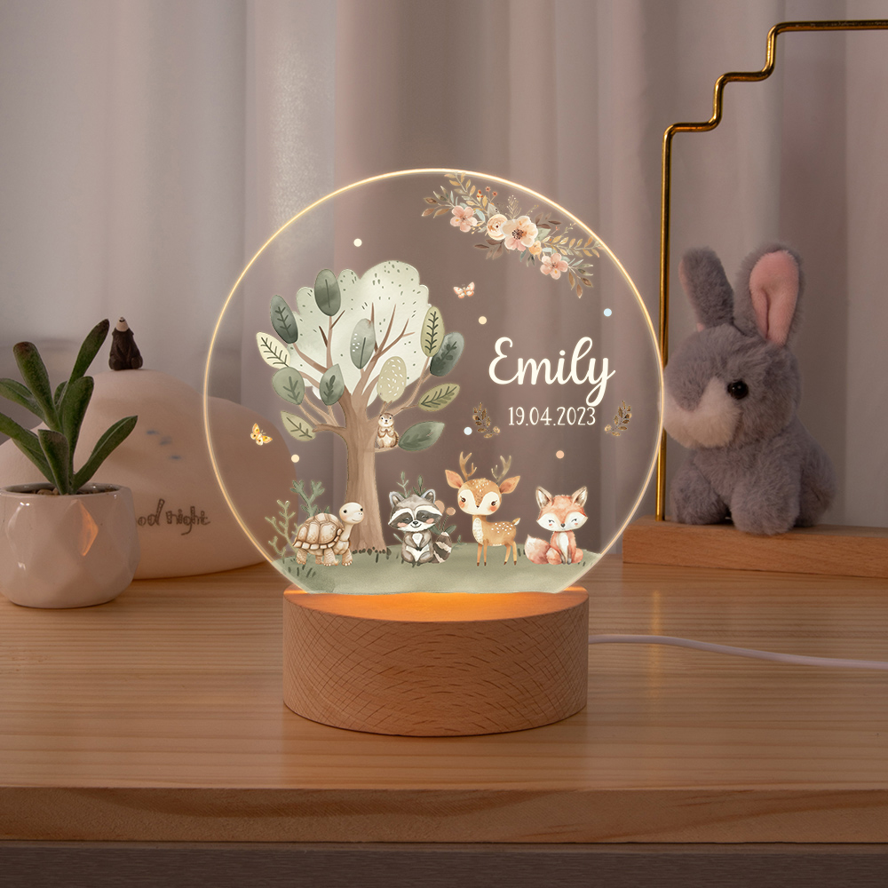 Discover Personalized Cute Fox Deer Turtle Forest Animal LED Night Light with Name and Wooden Base Nursery Decor Birthday Baby Shower Gift for Kids