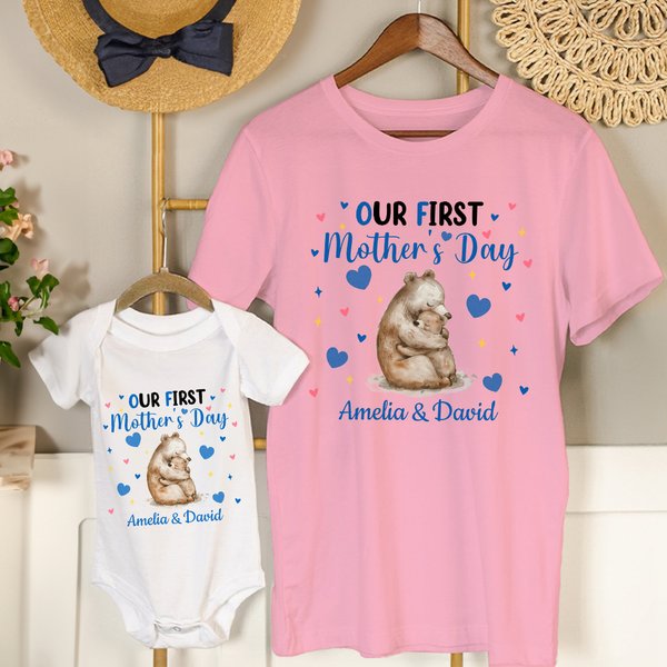 Personalized Cute Bear Cat Deer Animal Design 100% Cotton T-shirt Baby Bodysuit with Name Our First Mother's Day Birthday Gift for Baby Mom