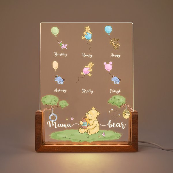 Personalized Cute Classic Winnie the Pooh Honey Balloon LED Night Light with 1-8 Names and Wood Base Home Desk Decor Mother's Day Gift for Mom Grandma