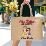 Personalised Like Mother Like Daughter Cartoon Character Large Jute Tote Bag with Name Mother's Day Birthday Gift for Mom Grandma
