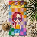 Personalisiertes Retro Karo Cartoon Figur Strandtuch mit Namen Schnelltrocknend Sommer Reise Essentials Geburtstag Geschenk für Kinder Erwachsene