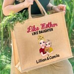Personalised Like Mother Like Daughter Cartoon Character Large Jute Tote Bag with Name Mother's Day Birthday Gift for Mom Grandma