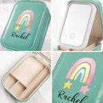 Personalisierte Aquarell Regenbogen PU-Leder-Schmuck-Box mit Namen und LED dreifarbig einstellbar Make-up-Spiegel Geburtstag Geschenk für Frauen