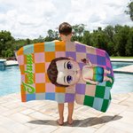 Personalisiertes Retro Karo Cartoon Figur Strandtuch mit Namen Schnelltrocknend Sommer Reise Essentials Geburtstag Geschenk für Kinder Erwachsene