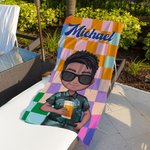 Personalisiertes Retro Karo Cartoon Figur Strandtuch mit Namen Schnelltrocknend Sommer Reise Essentials Geburtstag Geschenk für Kinder Erwachsene