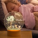 Veilleuse LED Personnalisée avec Nom et Texte Style d'Animaux de la Forêt Décoration Intérieure avec Base en Bois Cadeau Anniversaire Fête pour Enfant