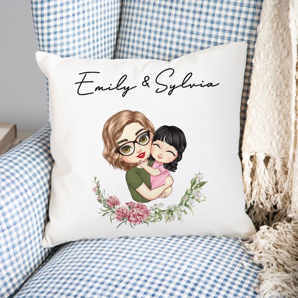 Personalized Mom and Kid Cartoon Character Throw Pillow Cover with Birth Flower and Name Mother's Day  Birthday Gift for Grandma Mom