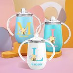 Personalized Floral Classic Winnie the Pooh Initial 10 oz Insulated Baby Sippy Cup with Lid Handle Birthday Back to School Gift for Kid Toddler