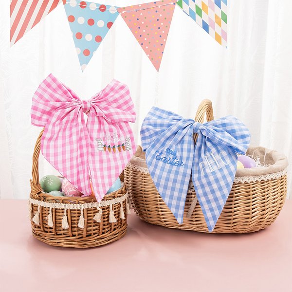 Personalised Cotton Easter Eggs Peter Rabbit Plaid Easter Basket Bow with Embroidered Monogram Easter Gift for Kids